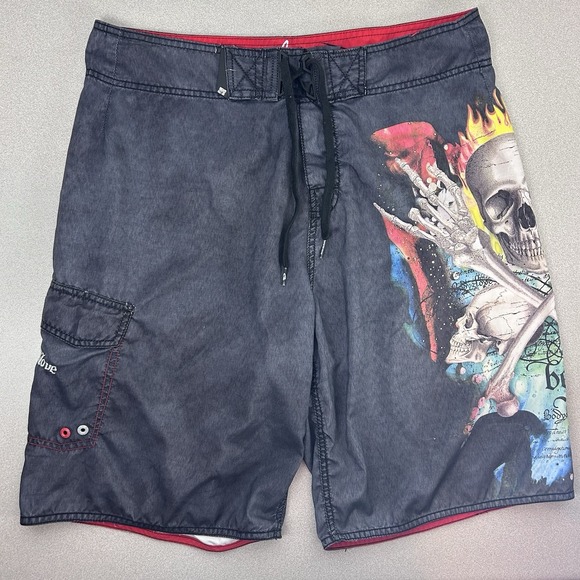 Body Glove Board Shorts Mens 34 Graphic Print Metal Skull Swim Trunks Y2K - Picture 1 of 13